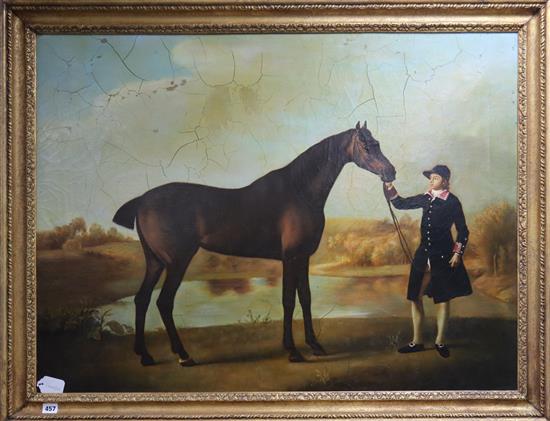 A modern oil on canvas After Stubbs of a groom and horse in a landscape, 75 x 101cm